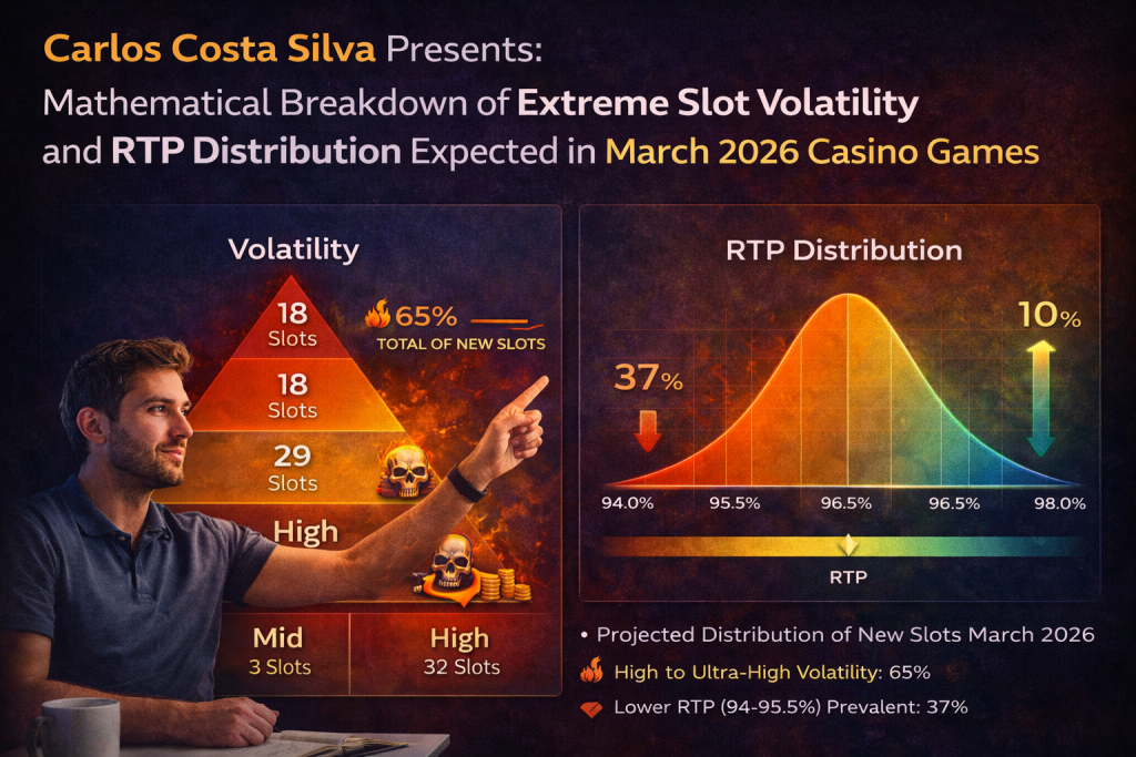 Carlos Costa Silva and a mathematical breakdown of extreme slot volatility and RTP distribution expected in March 2026 casino games.