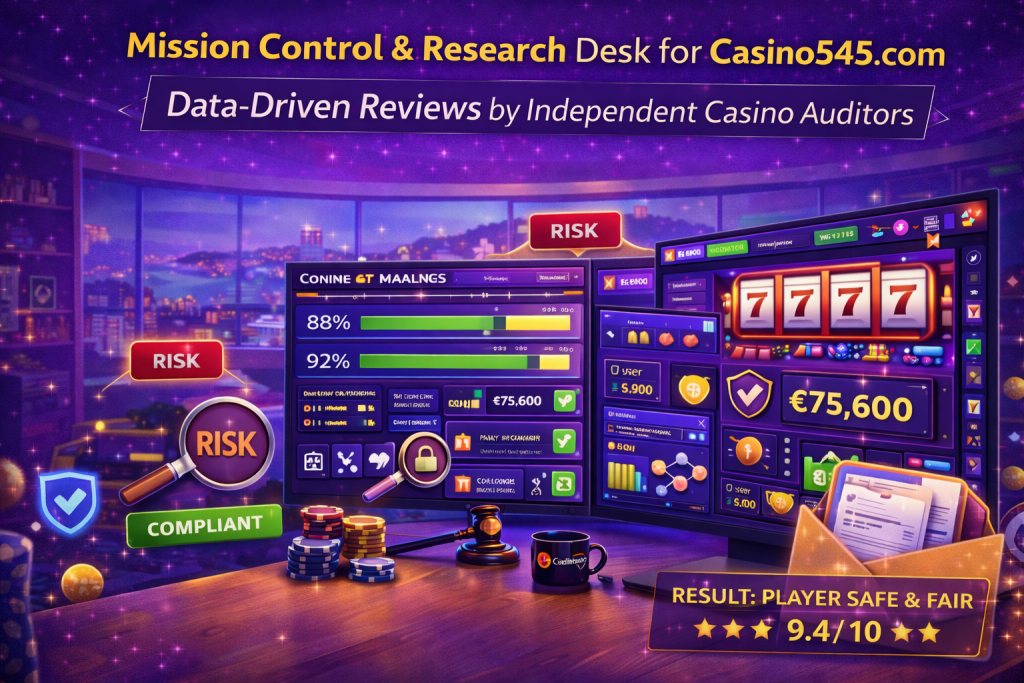 El control de misión y el escritorio de investigación para Casino545.com, destacando nuestro compromiso con revisiones basadas en datos por auditores de casinos independientes.