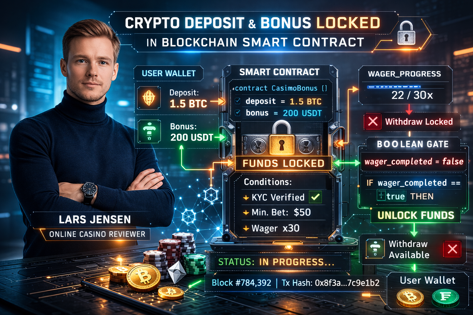 A technical diagram showing a user's crypto deposit and casino bonus tokens locked inside a blockchain smart contract with a 'wager_completed' boolean gate.
