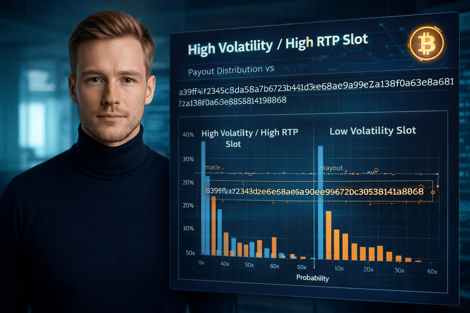 Lars Jensen and A data visualization comparing a High Volatility/High RTP slot payout distribution versus a Low Volatility slot, overlaid with a blockchain verification hash string.