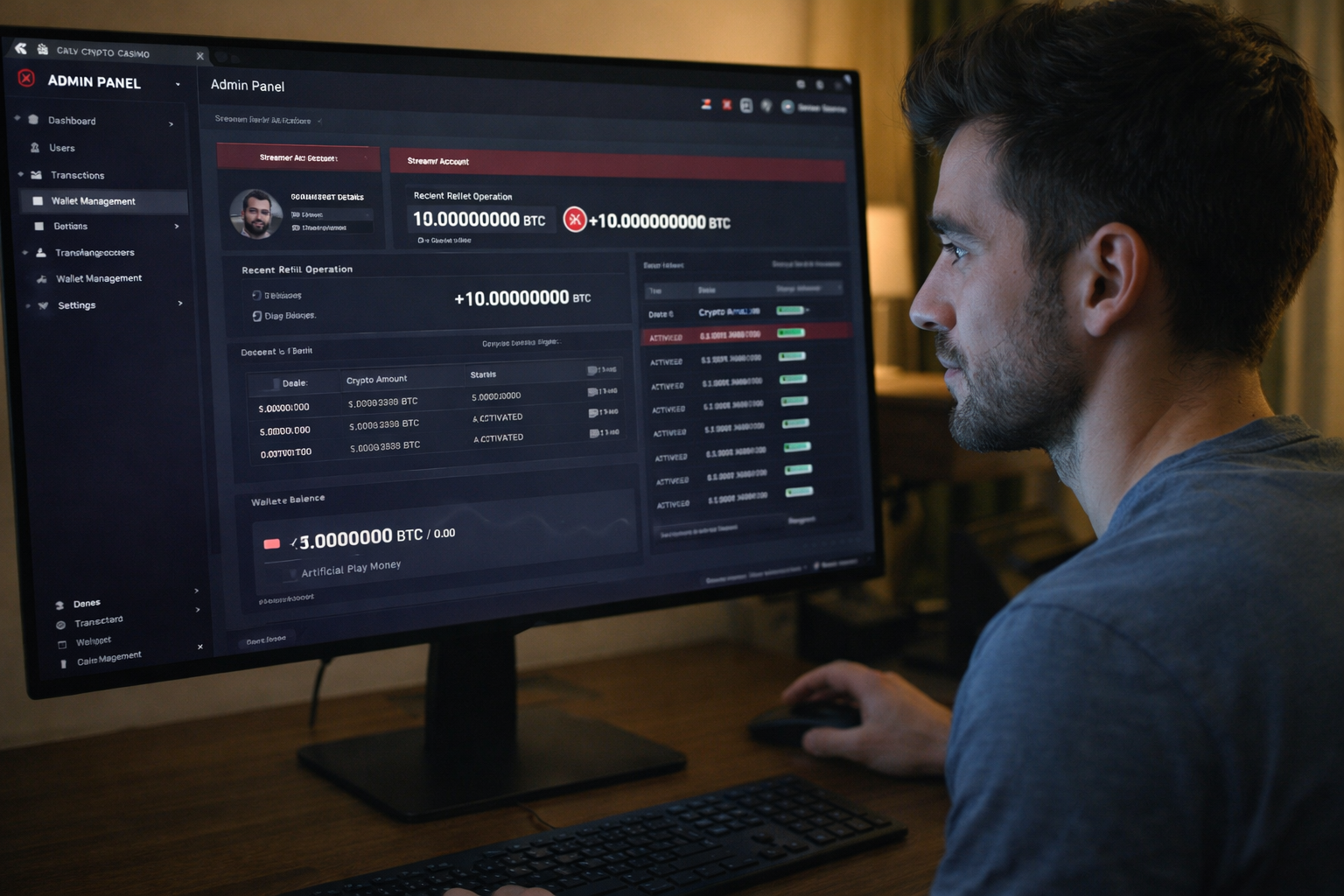 Carlos Costa Silva analyzing the backend "Admin Panel" of a crypto casino showing a streamer's wallet being artificially refilled with play money.