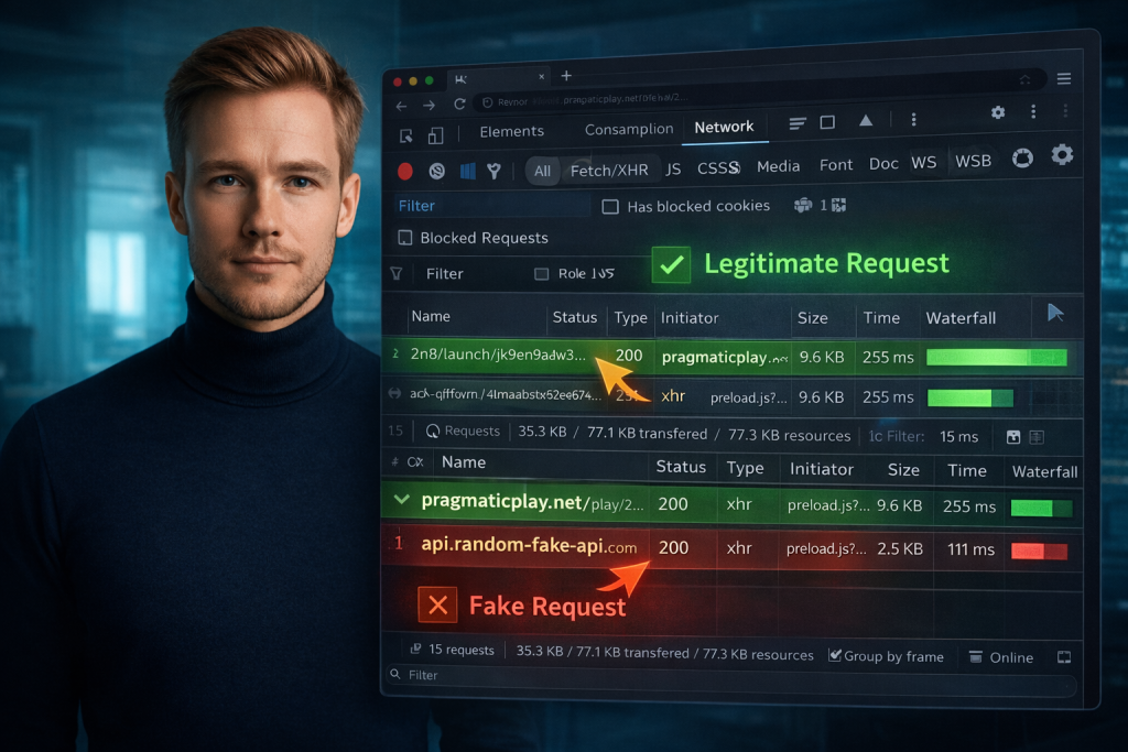 Lars Jensen en Screenshot van browser 'Inspect Element' Netwerktab, die het verschil laat zien tussen een legitiem verzoek naar 'pragmaticplay.net' en een nepverzoek naar een generieke API.