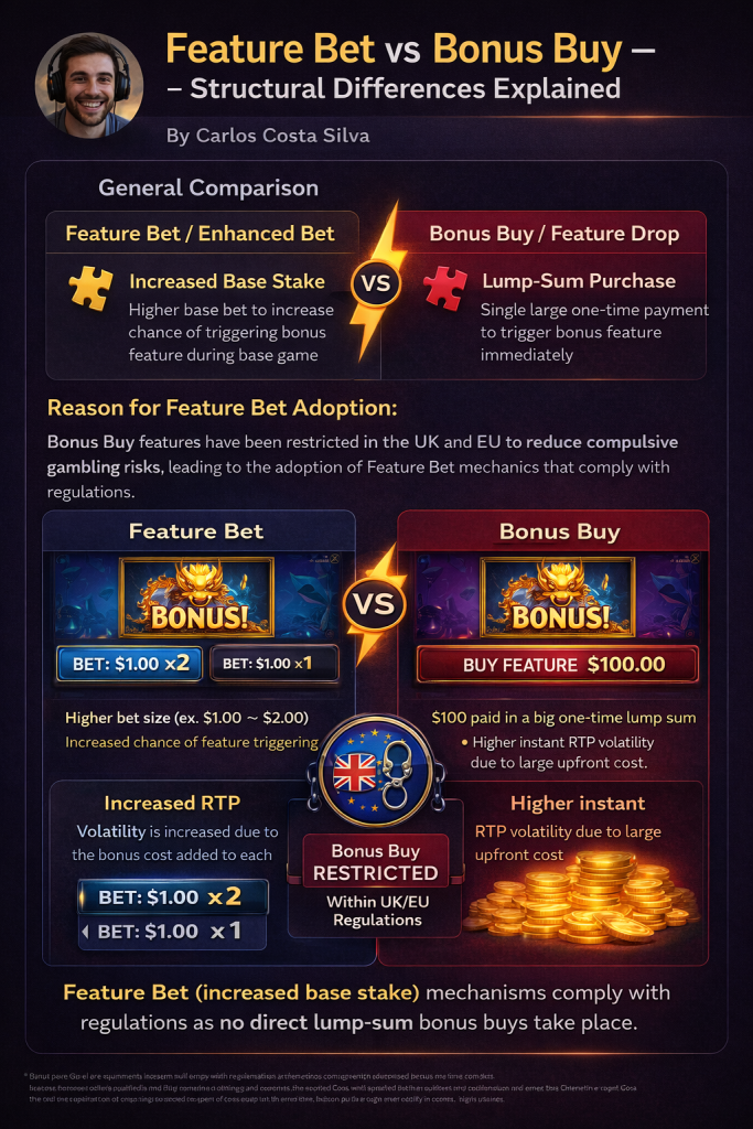 Uma representação visual do mecanismo 'Feature Drop' mostrando como uma aposta base aumentada substitui a compra de bônus tradicional para contornar as regulamentações do Reino Unido e da UE.
