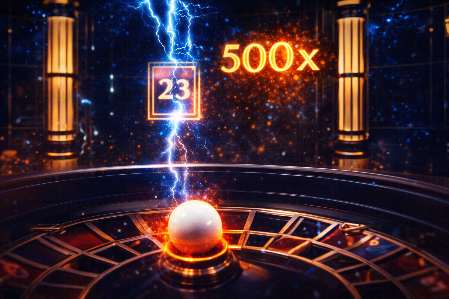 A dramatic, electric-blue themed image showing the Lightning Roulette studio background with "500x" striking a number on the digital wall. In the foreground, a single roulette ball sits in a glowing pocket.