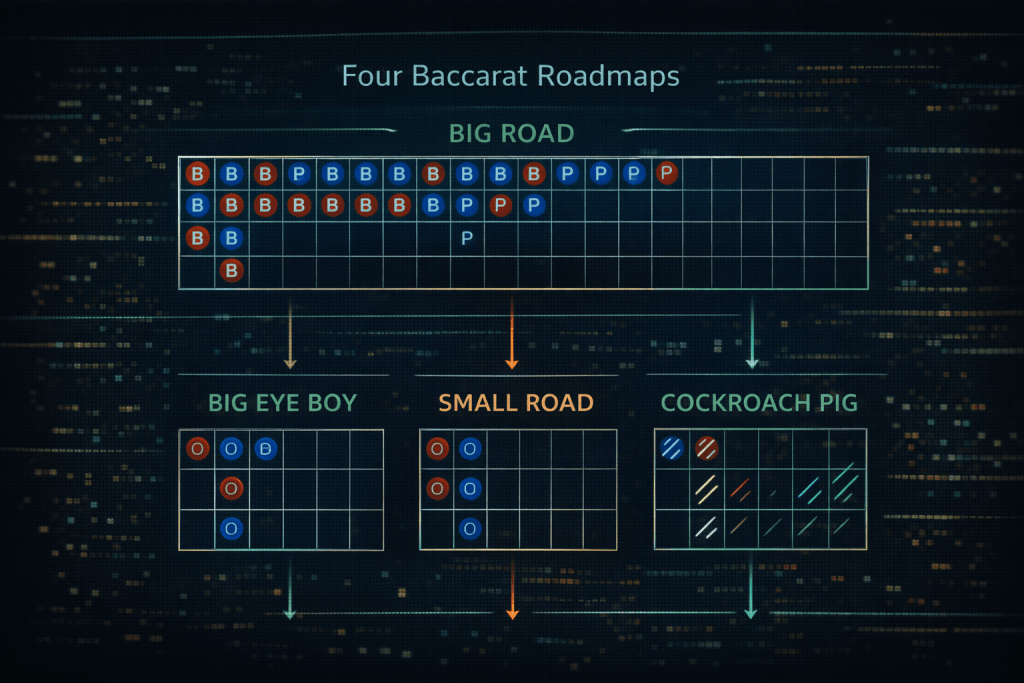 Une explication graphique des quatre principales routes du baccarat : Grande Route, Big Eye Boy, Petite Route et Cockroach Pig