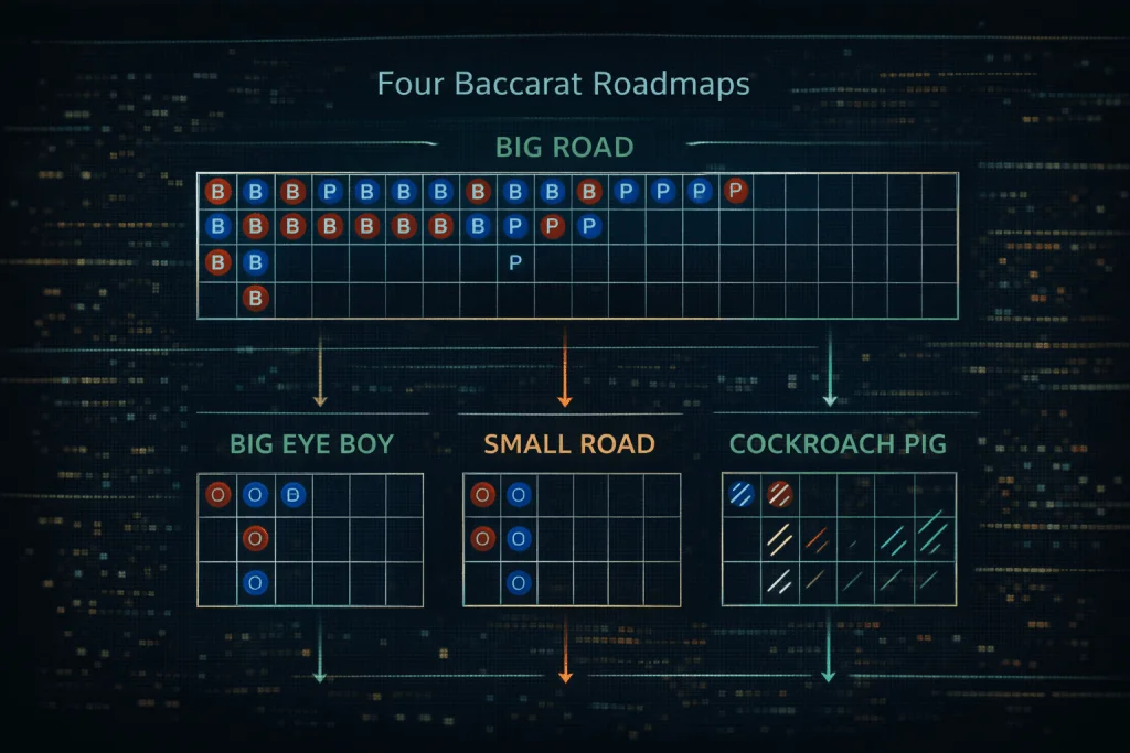 En grafisk oversikt over de fire hovedveiene i Baccarat: Big Road, Big Eye Boy, Small Road og Cockroach Pig
