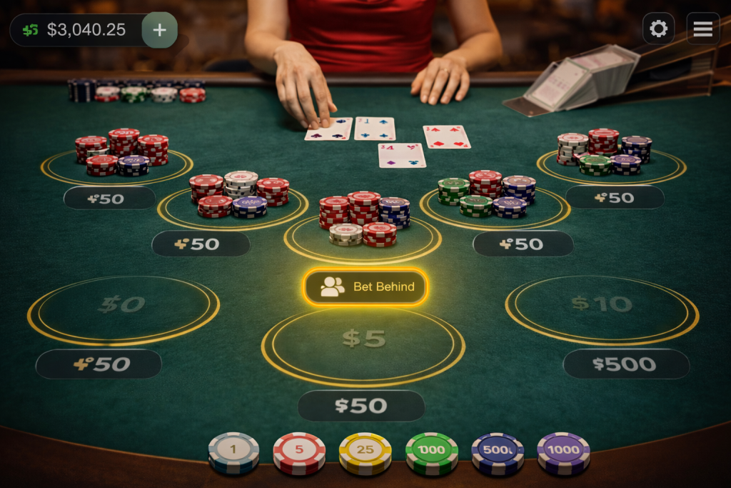 Captura de tela de uma interface de blackjack ao vivo mostrando a opção "Bet Behind" e vários jogadores em uma mesa cheia.