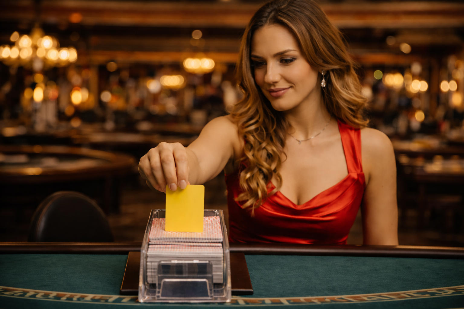 Live casino dealer placing a yellow cut card exactly in the middle of an eight-deck blackjack shoe.
