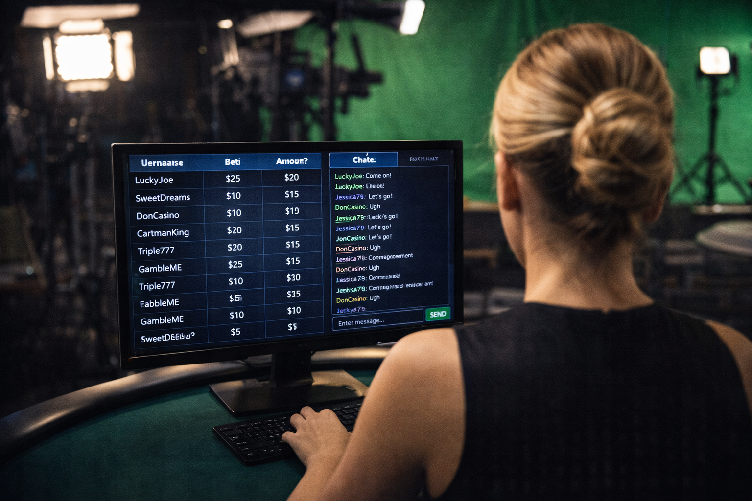 POV zpoza živého dealera ukazuje monitor s uživatelskými jmény hráčů a logem chatu.