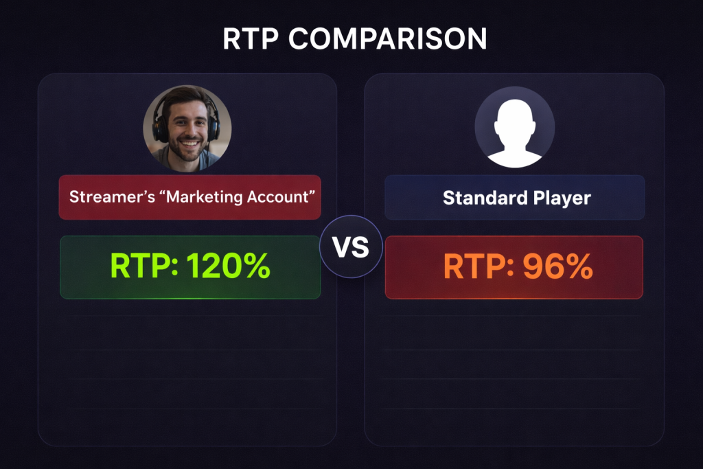 A side-by-side comparison chart showing a streamer's "Marketing Account" RTP at 120% versus a standard player's RTP at 96%.