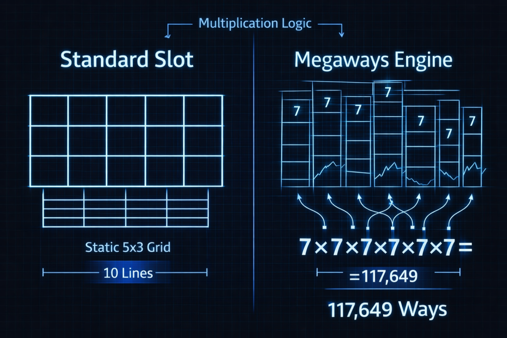 Een schematische afbeelding die een standaard 5x3 slot rooster vergelijkt met een dynamisch 6-rol Megaways rooster met variërende rijhoogtes.