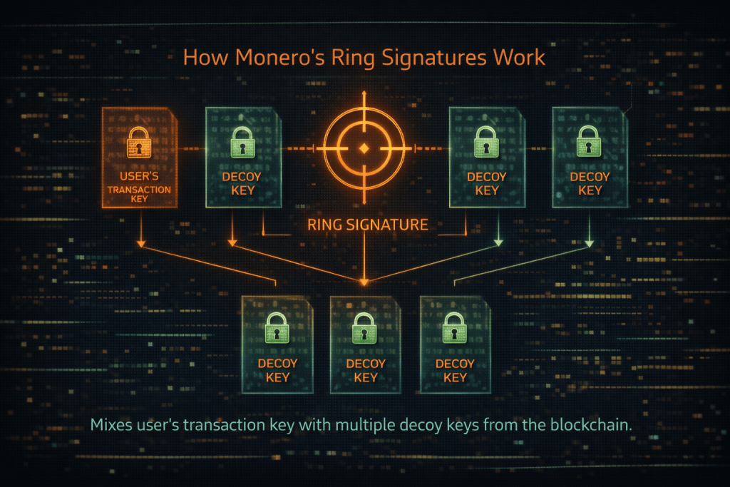 Illustration technique montrant comment les Signatures en Anneau de Monero mélangent la clé de transaction d'un utilisateur avec plusieurs clés leurres de la blockchain pour obscurcir le véritable expéditeur.