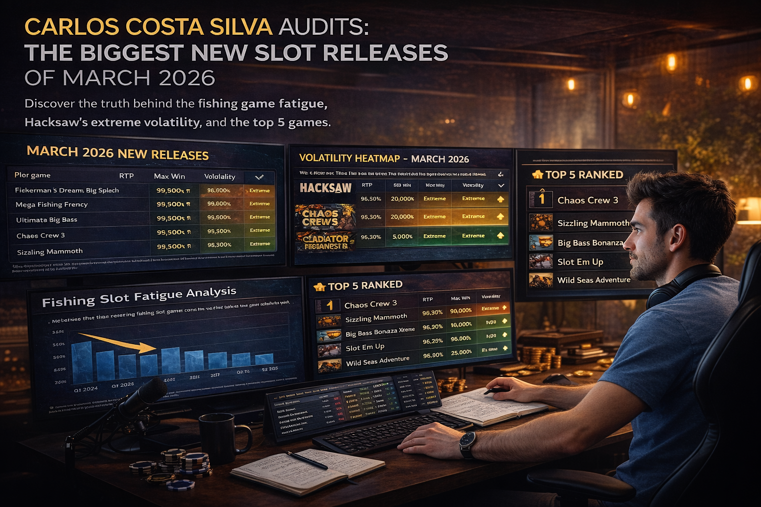 Carlos Costa Silva reviewing the mathematical models and RTP charts for March 2026 slot releases on multiple monitors.