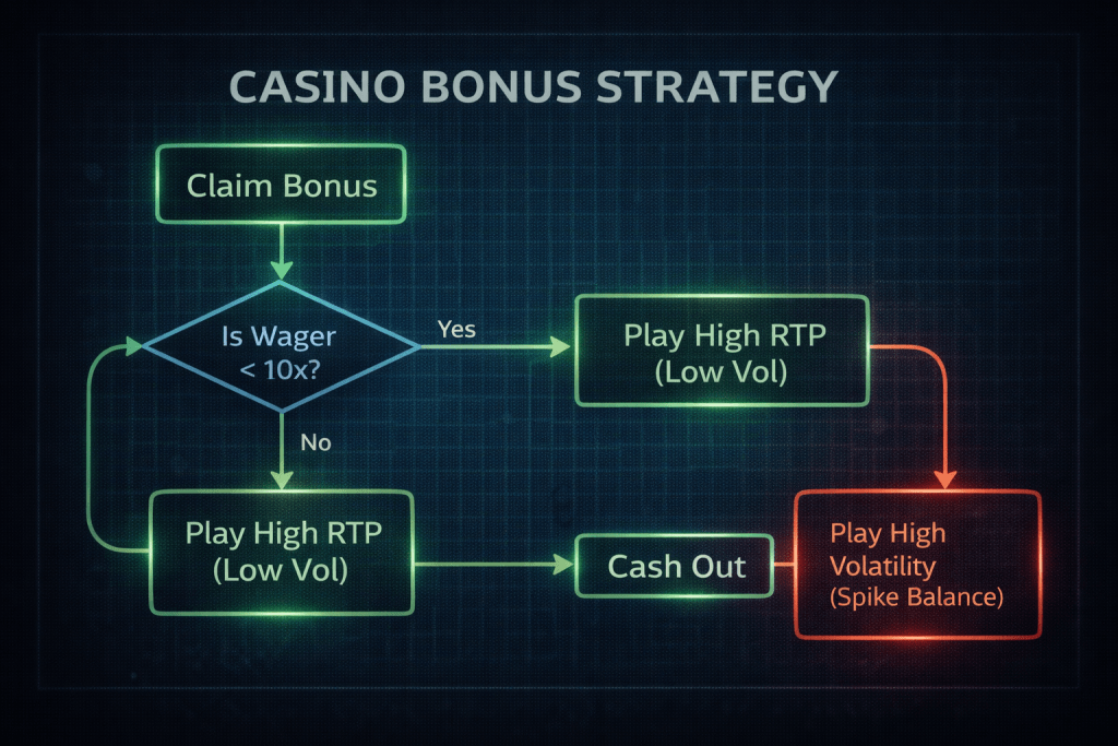 Flowchart showing the decision matrix for playing a No Deposit Bonus based on wagering requirements.