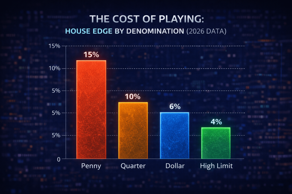 A comparative graph showing the high House Edge of penny slots (15%) versus the low House Edge of high-limit slots (5%).