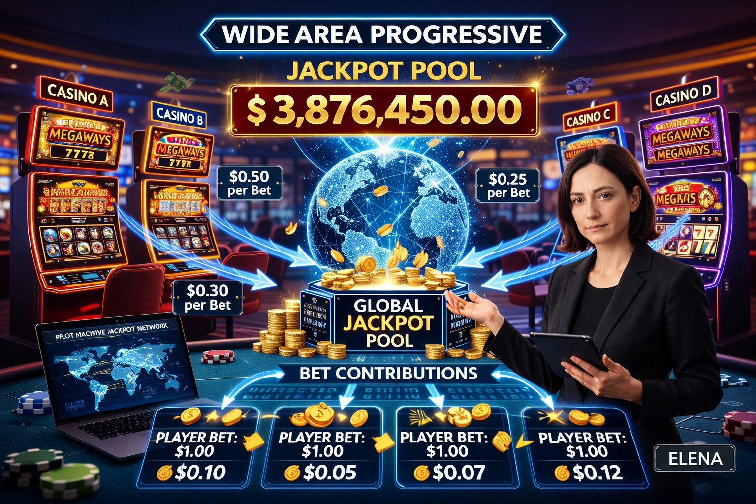 Elena Petrova and a visual representation of a Wide Area Progressive network, showing multiple slot machines feeding fractions of every bet into a central global jackpot pool.