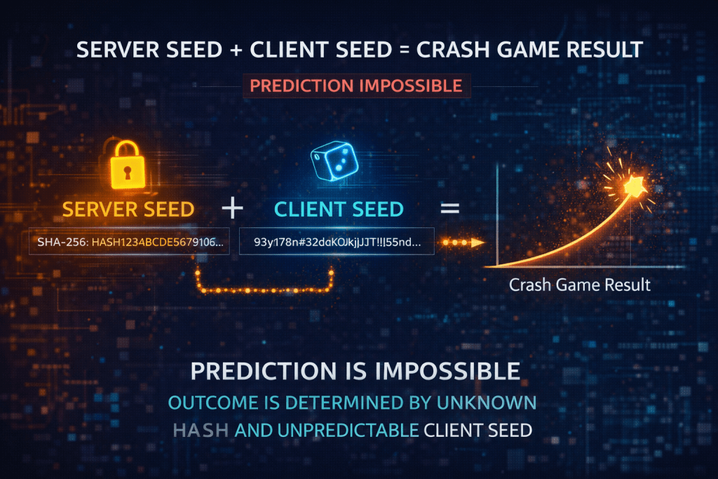 A technical diagram showing how the "Server Seed" and "Client Seed" combine to create a Crash Game result, proving that "Prediction" is impossible.