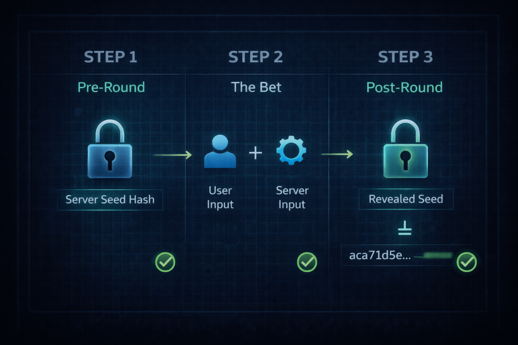 Step-by-step diagram showing how to verify a Provably Fair hash in a crypto casino.