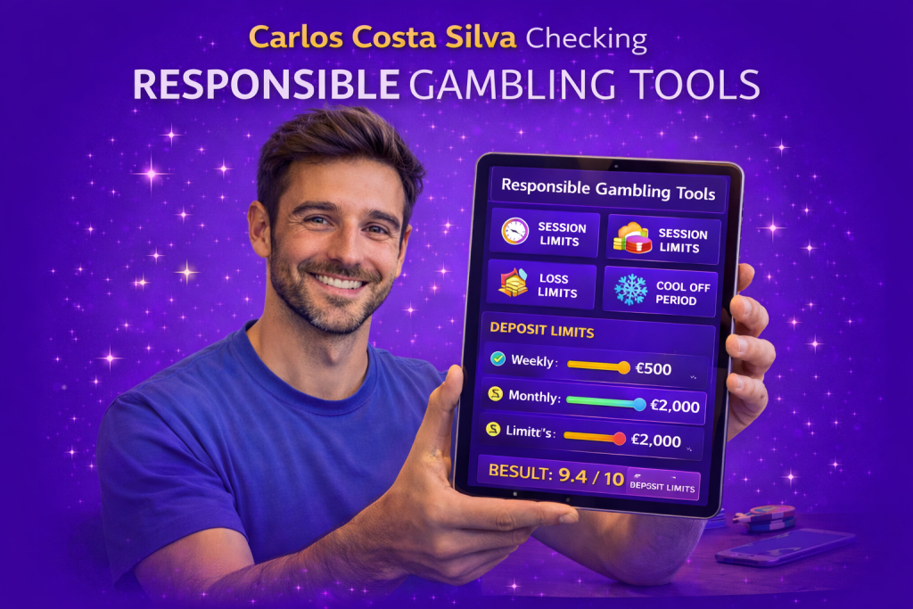 Carlos Costa Silva tenant une tablette affichant des outils de jeu responsable et des limites de dépôt