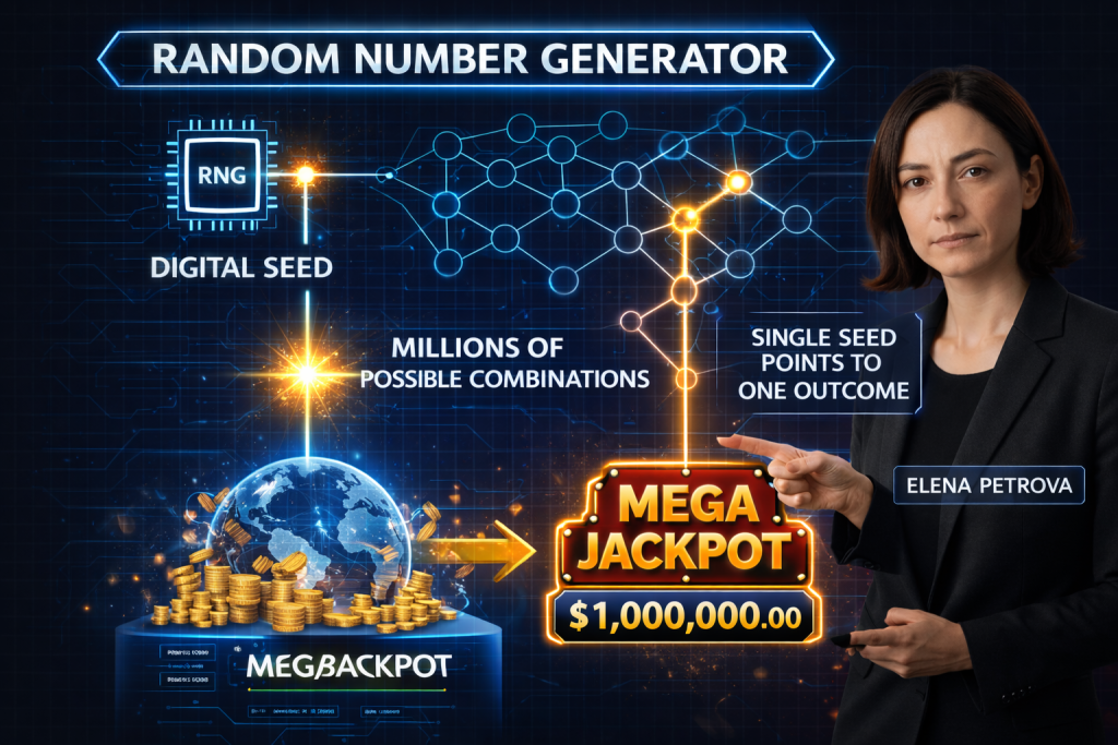 Elena Petrova and a technical diagram showing how a Random Number Generator maps millions of combinations, with only a single digital seed pointing to the Mega Jackpot outcome.