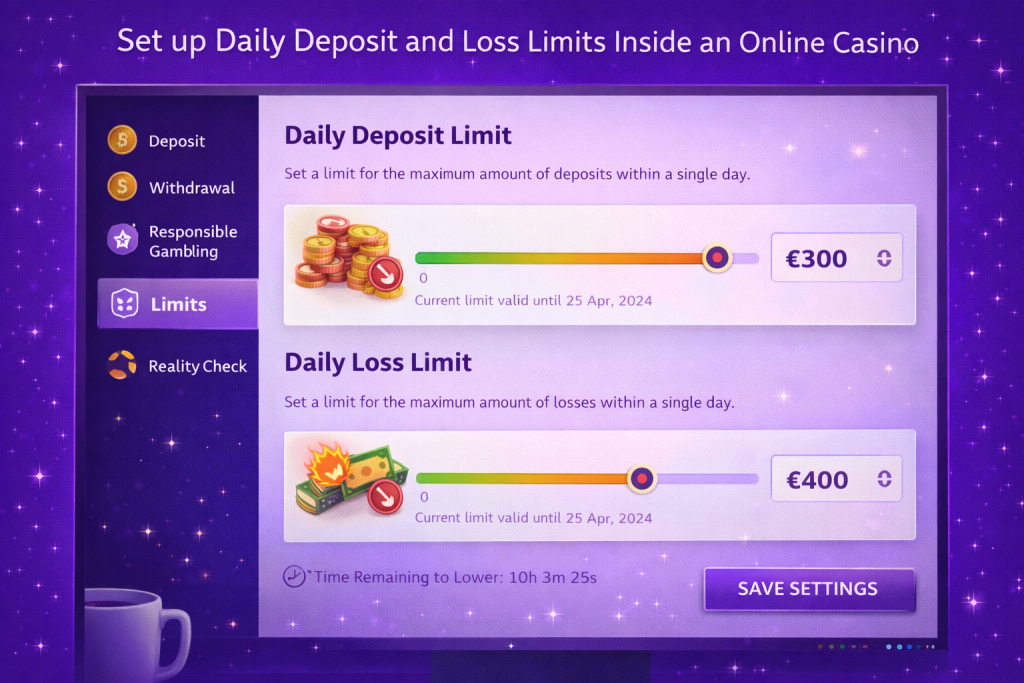Une capture d'écran démontrant comment configurer des limites de dépôt et de perte quotidiennes dans un compte de casino en ligne