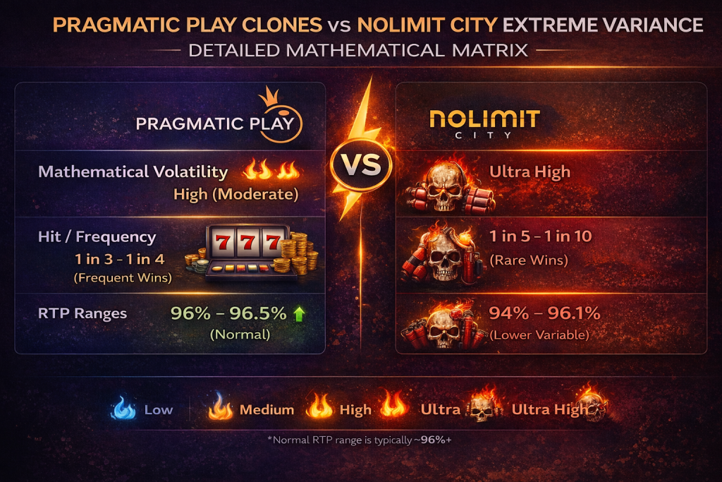 A detailed matrix comparing the mathematical volatility, hit frequency, and RTP ranges of Pragmatic Play clones versus Nolimit City extreme variance slots