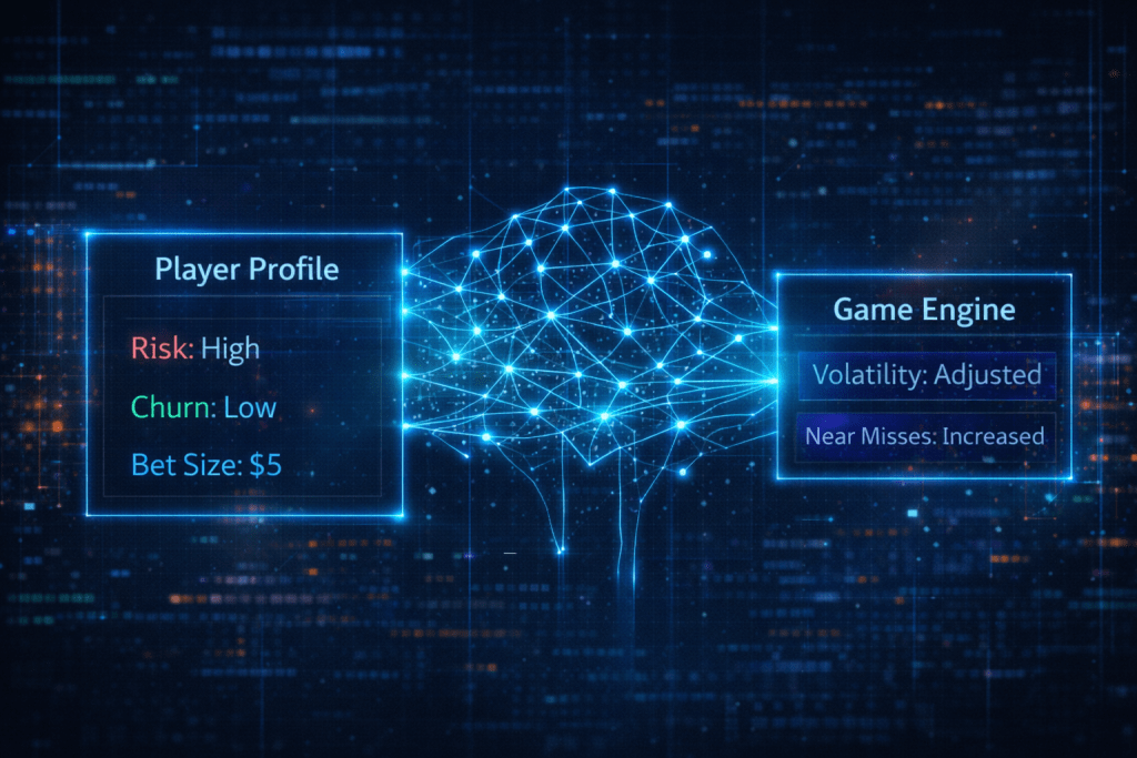 Technical visualization of a "Smart Slot" Neural Network adjusting volatility based on player heart rate and spin speed.