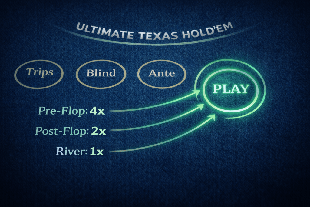 A clear, high-contrast diagram of the Ultimate Texas Hold'em betting layout showing the 4x, 2x, and 1x play options.