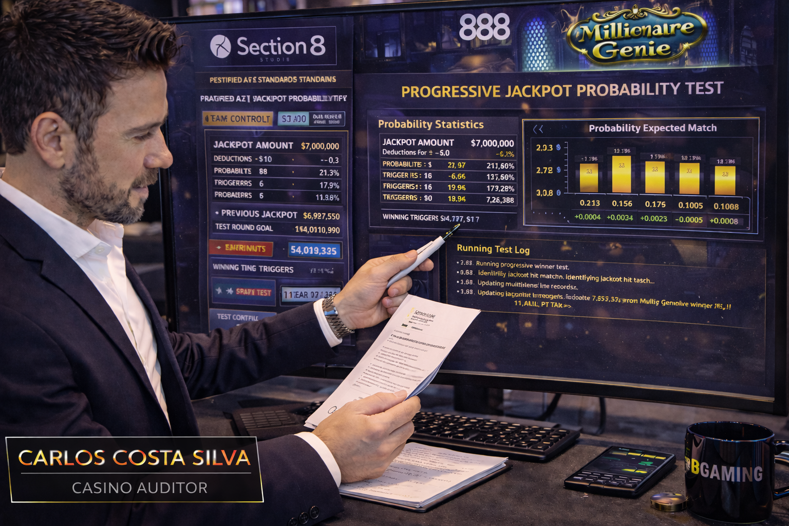 Casino auditor Carlos Costa Silva running a mathematical probability test on the Section8 Studio Millionaire Genie progressive jackpot network using a high-definition testing terminal.