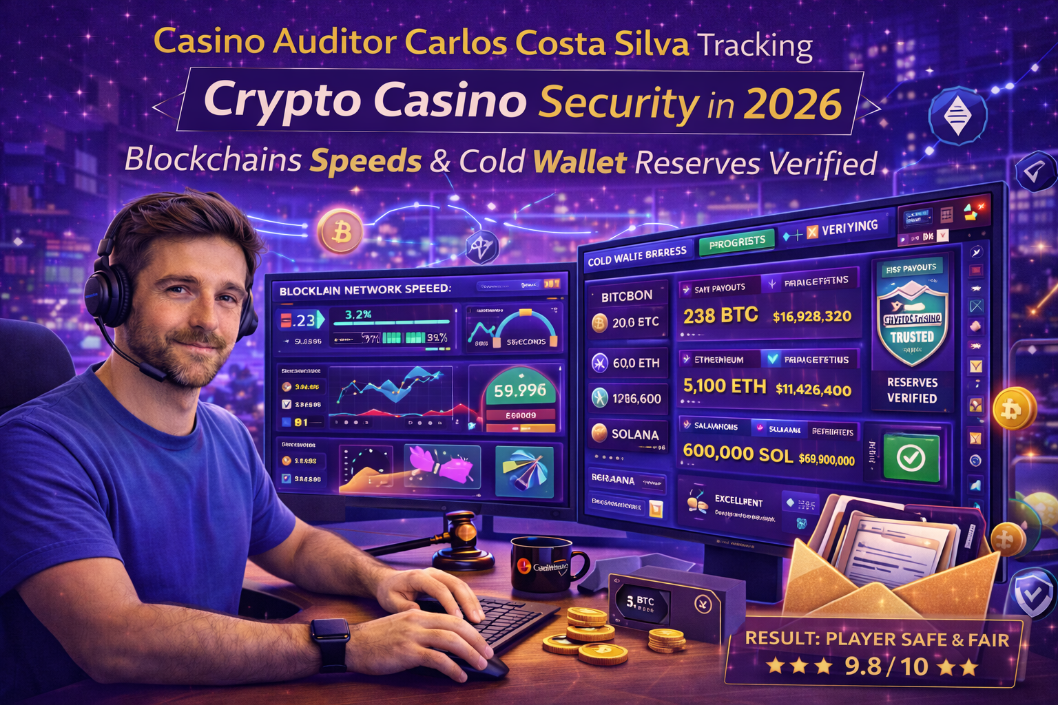 El auditor de casinos Carlos Costa Silva rastreando la velocidad de las transacciones blockchain y verificando las reservas de las cold wallets para un criptocasino de primer nivel en 2026.