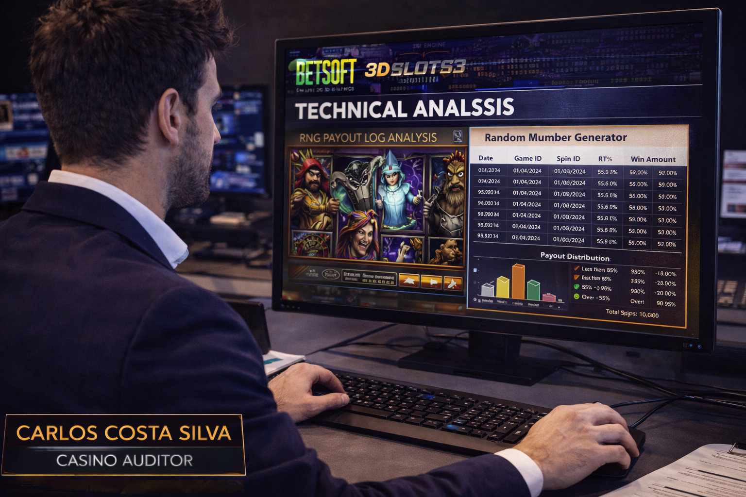 Casino auditor Carlos Costa Silva running a detailed technical analysis on Betsoft's 3D SLOTS3 engine, verifying the Random Number Generator payout logs on a desktop computer.