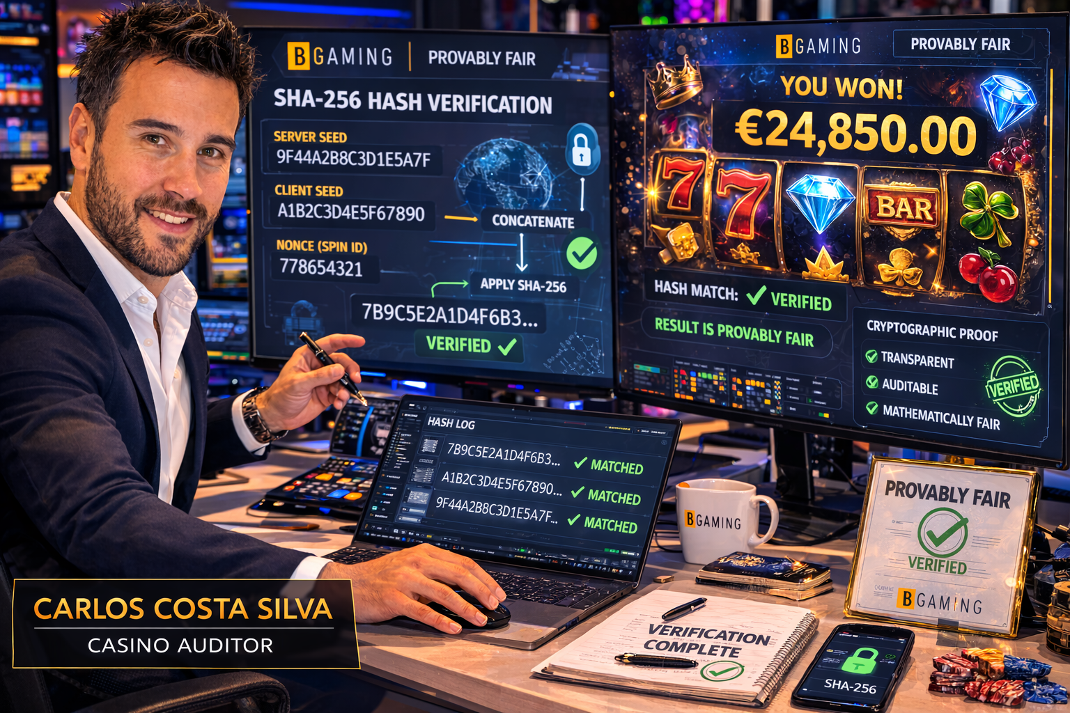 Casino auditor Carlos Costa Silva running a cryptographic SHA-256 hash verification on a dual-monitor setup to prove the mathematical fairness of a BGaming slot result.