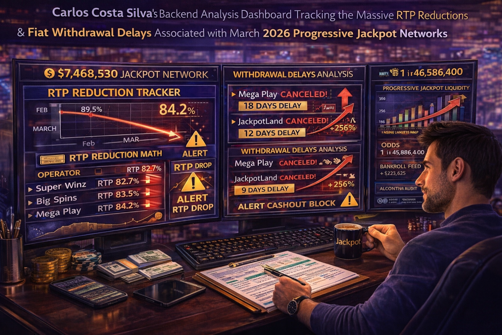 Carlos Costa Silva's backend analysis dashboard tracking the massive RTP reductions and fiat withdrawal delays associated with March 2026 progressive jackpot networks.