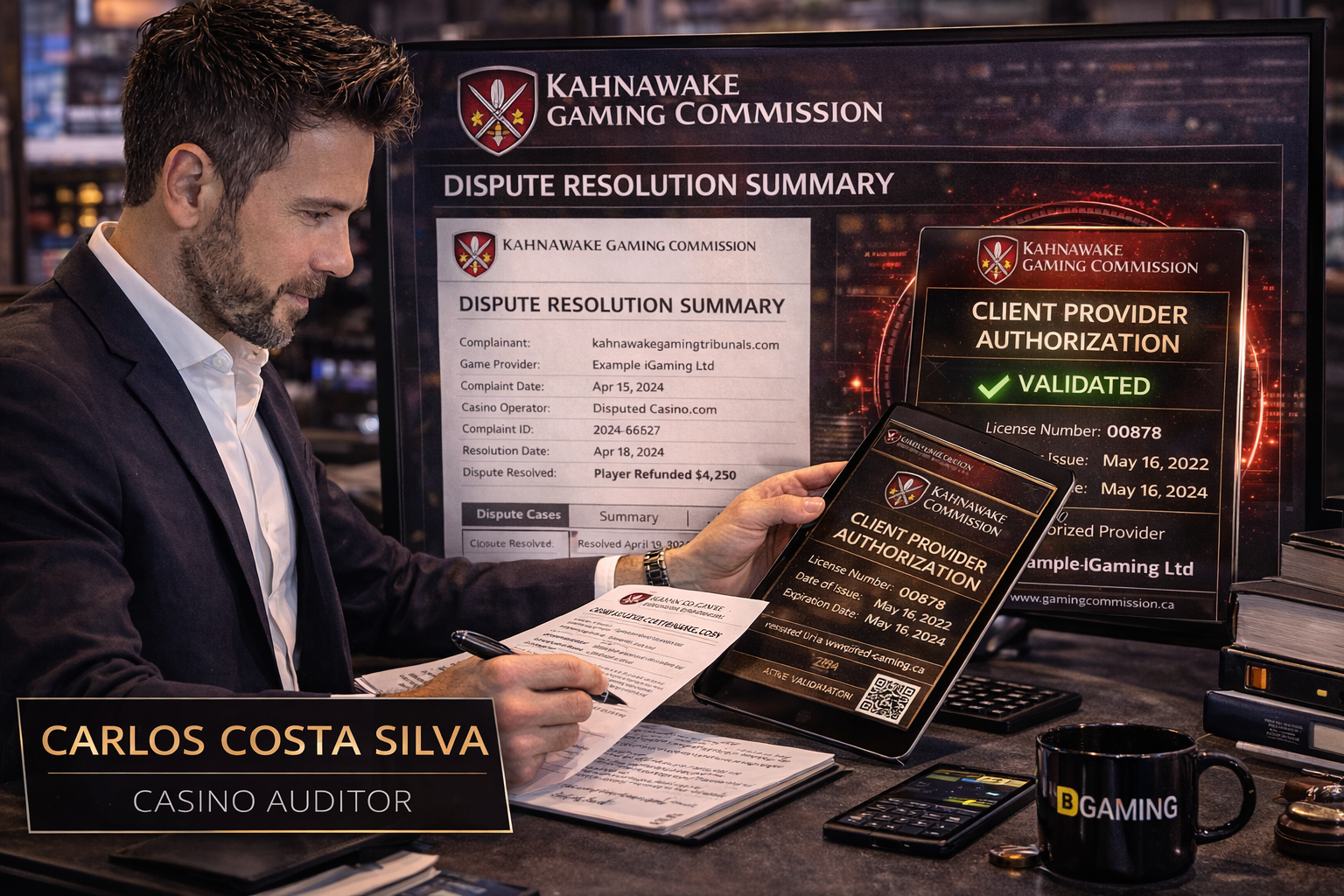 Casino auditor Carlos Costa Silva reviewing a Kahnawake Gaming Commission Dispute Resolution Summary report and verifying a Client Provider Authorization certificate on a digital tablet.