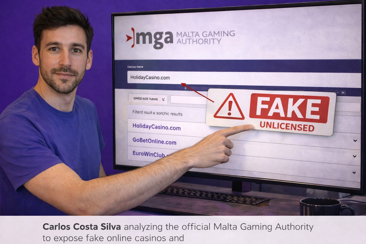 Carlos Costa Silva analyzing the official Malta Gaming Authority registry to expose fake online casinos and protect player fiat deposits in March 2026.