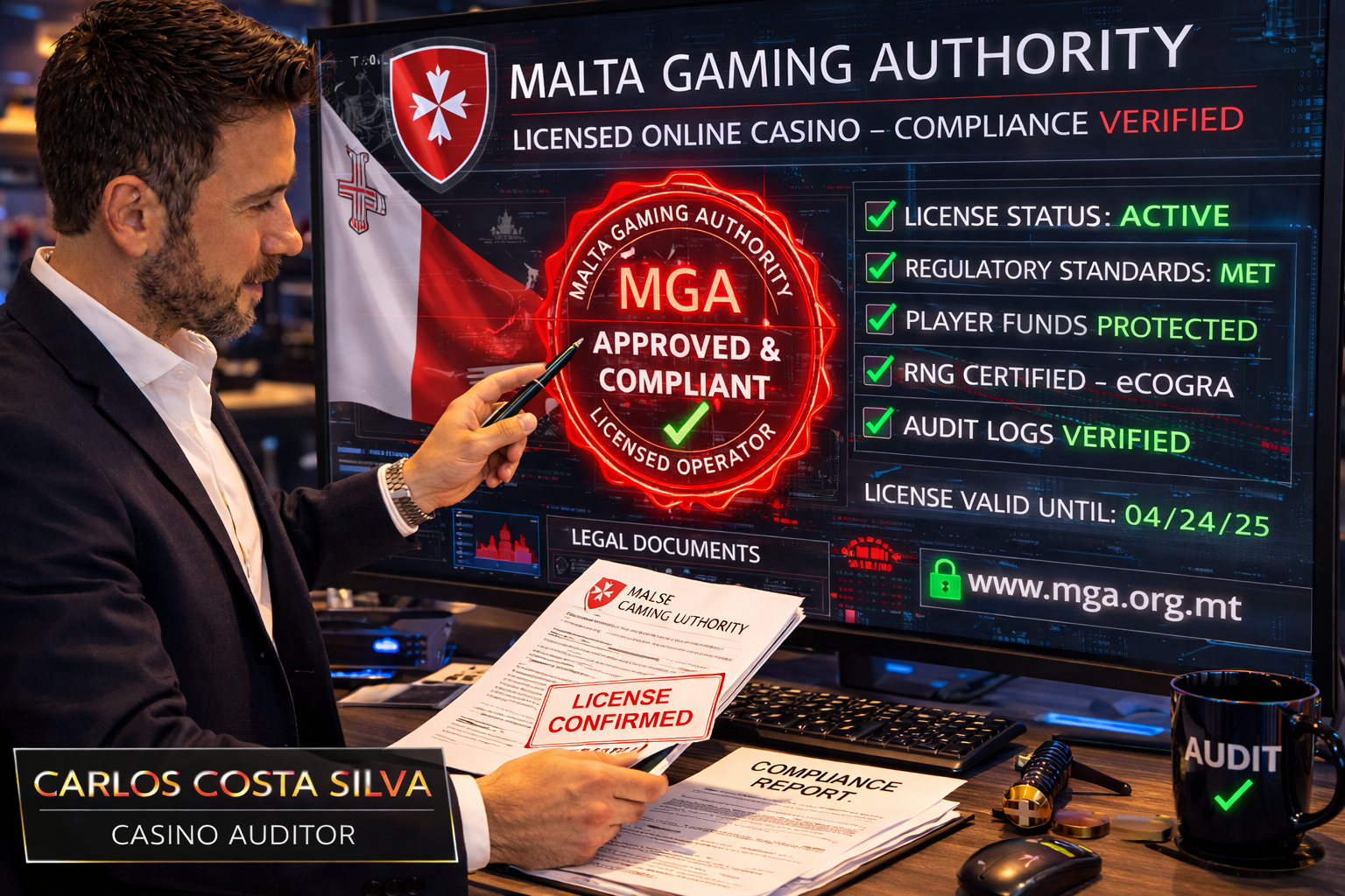 Casino auditor Carlos Costa Silva reviewing legal documentation and verifying the dynamic red seal of a compliant Malta Gaming Authority licensed online casino.