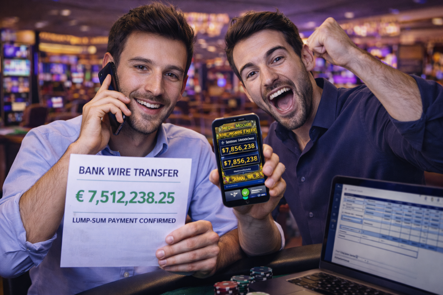 Independent casino auditor Carlos Costa Silva confirming a massive lump-sum bank wire transfer for a player who triggered the Mega Moolah progressive jackpot on a mobile device.