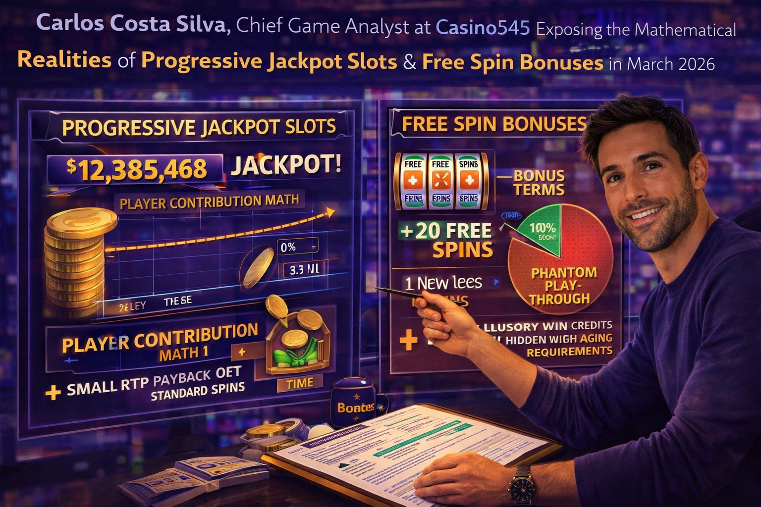 Carlos Costa Silva, Chief Game Analyst at Casino545, exposing the mathematical realities of progressive jackpot slots and free spin bonuses in March 2026.