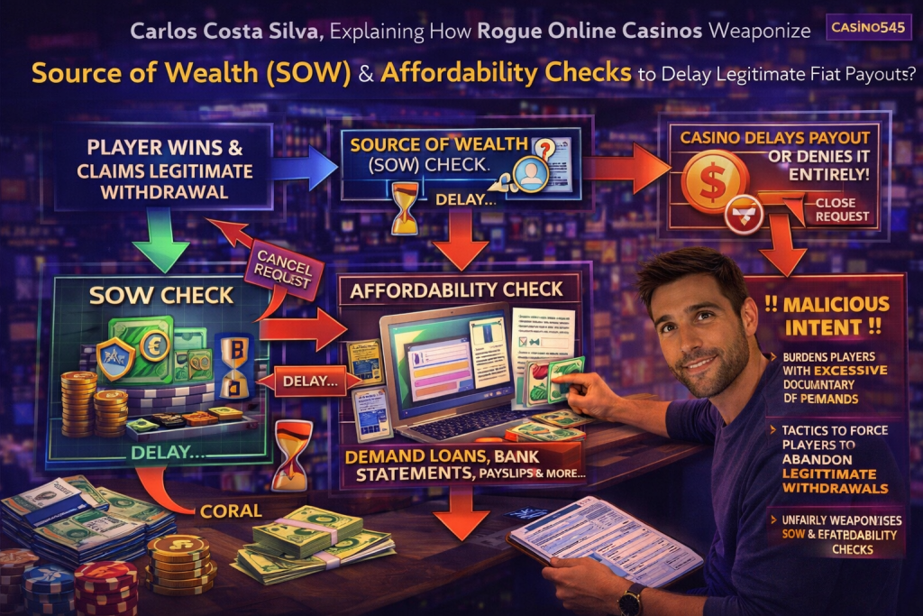 A visual flowchart created by Carlos Costa Silva explaining how rogue online casinos weaponize source of wealth and affordability checks to delay legitimate fiat payouts.