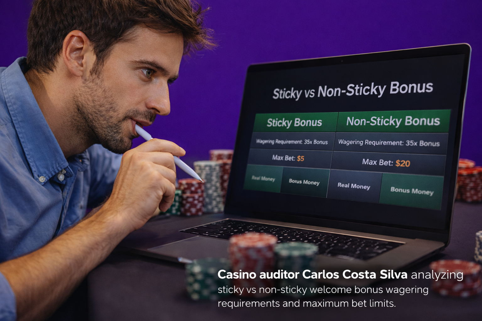 Casino auditor Carlos Costa Silva analyzing sticky vs non-sticky welcome bonus wagering requirements and maximum bet limits.