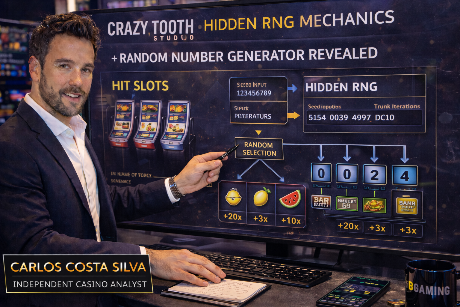 Casino auditor Carlos Costa Silva running a mathematical probability test on the Crazy Tooth Studio BIG BuildUp mechanic using a high-definition testing terminal.
