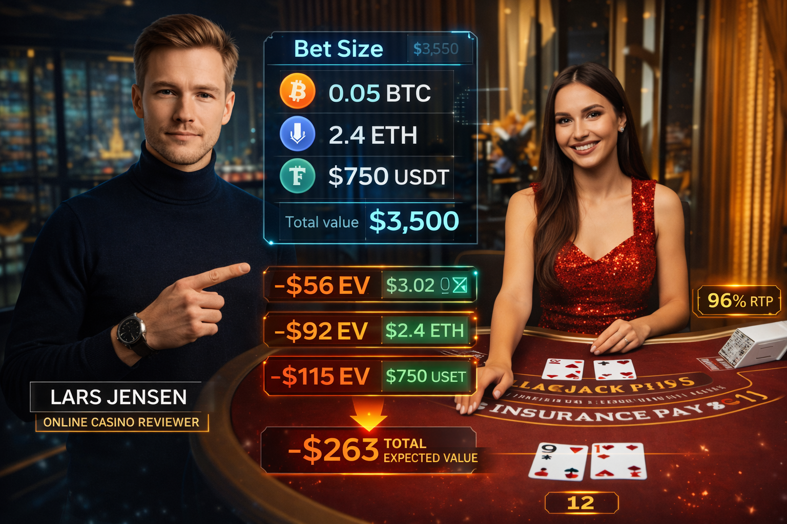 Lars Jasen and a professional live casino dealer at a blackjack table, with digital overlays showing cryptocurrency bet amounts and expected value calculations.