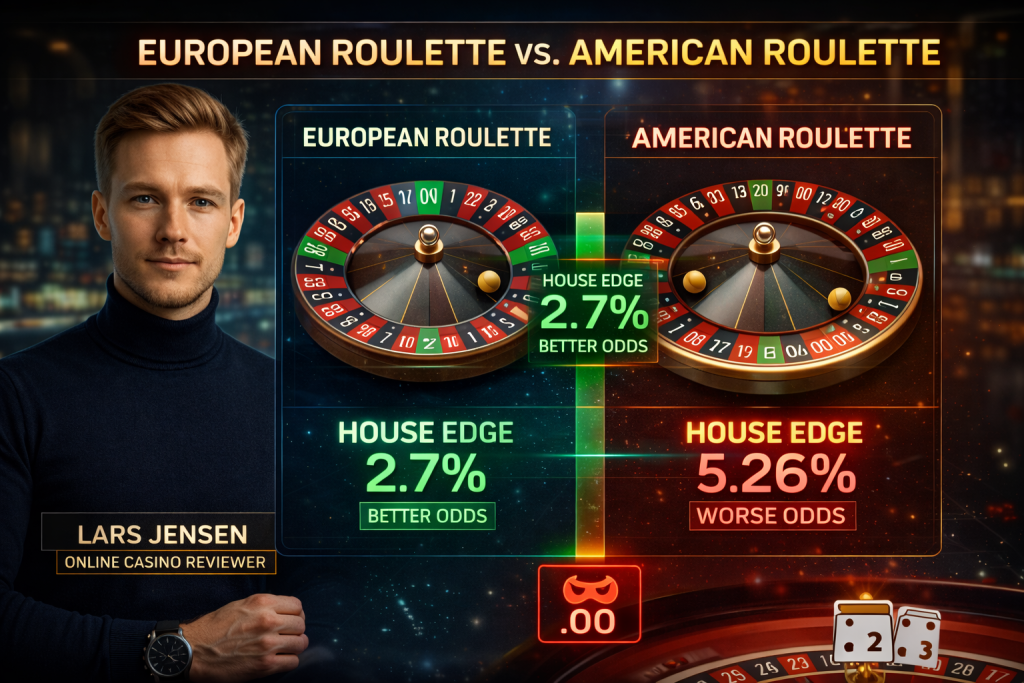 Lars Jansen and a visual chart comparing the house edge percentages of European Roulette (2.7%) versus American Roulette (5.26%), highlighting the double zero as a negative value for players.