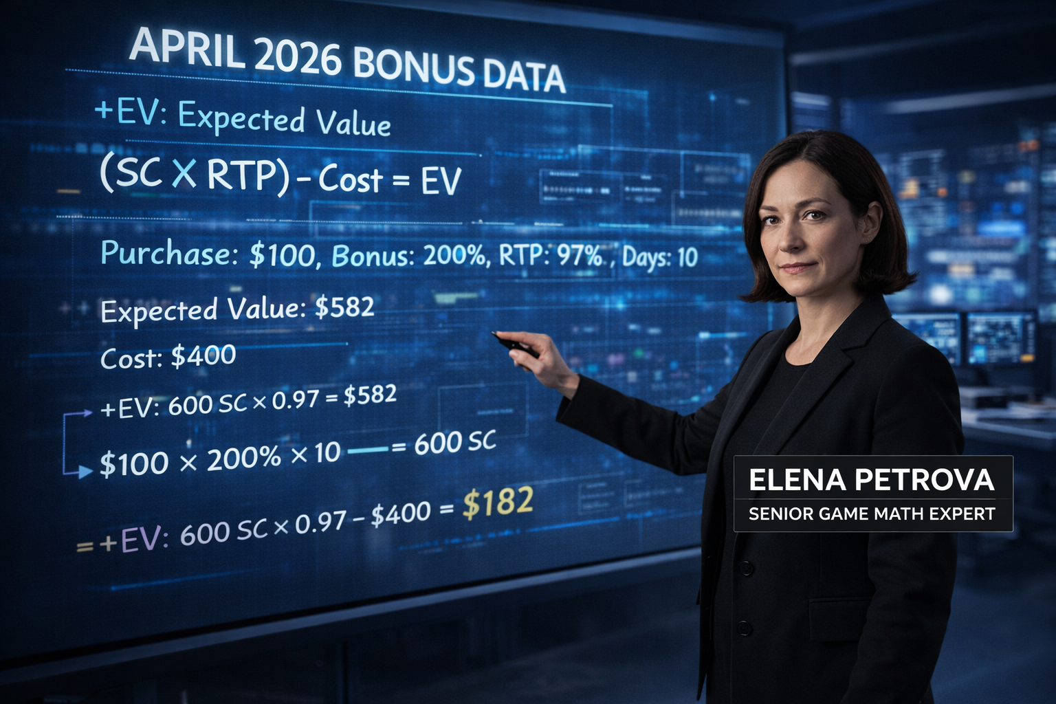 Senior Game Math Expert Elena Petrova standing in a high-tech data lab, pointing to a massive projection screen displaying complex Expected Value formulas and April 2026 casino bonus data.