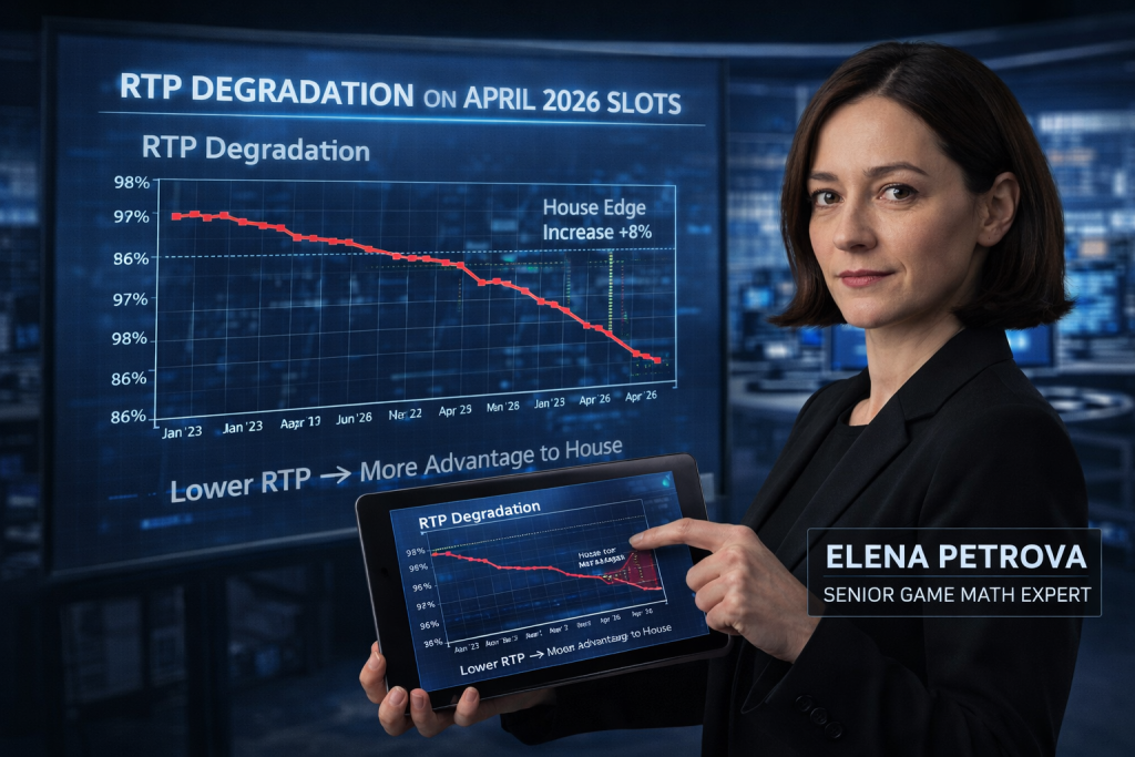 Senior Game Math Expert Elena Petrova holding a tablet displaying a severe RTP degradation chart, demonstrating the increased house edge on April 2026 slot machines.