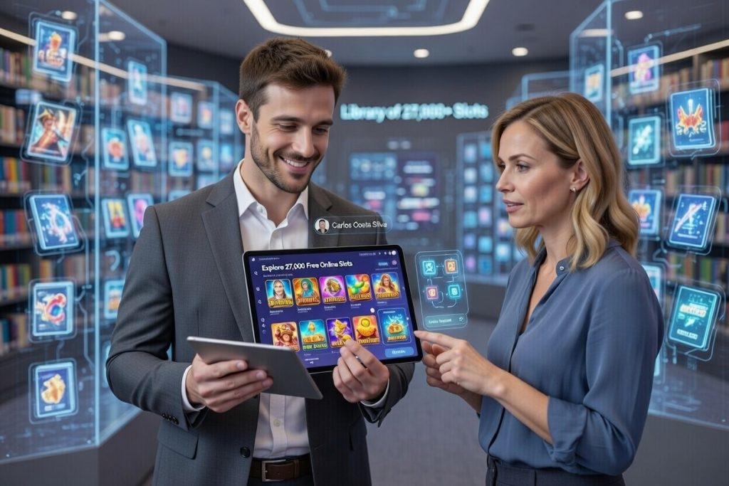 Carlos Costa Silva și un jucător explorând o bibliotecă digitală masivă de peste 27,000 de sloturi online gratuite, testând diverse mecanici de joc și funcții bonus pe o tabletă modernă.