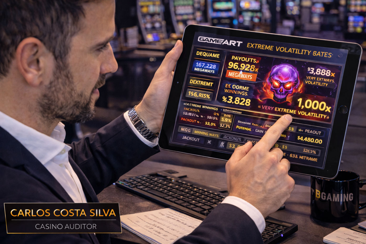 Casino auditor Carlos Costa Silva testing the extreme volatility mathematics of a GameArt Megaways slot on a high-definition mobile tablet.