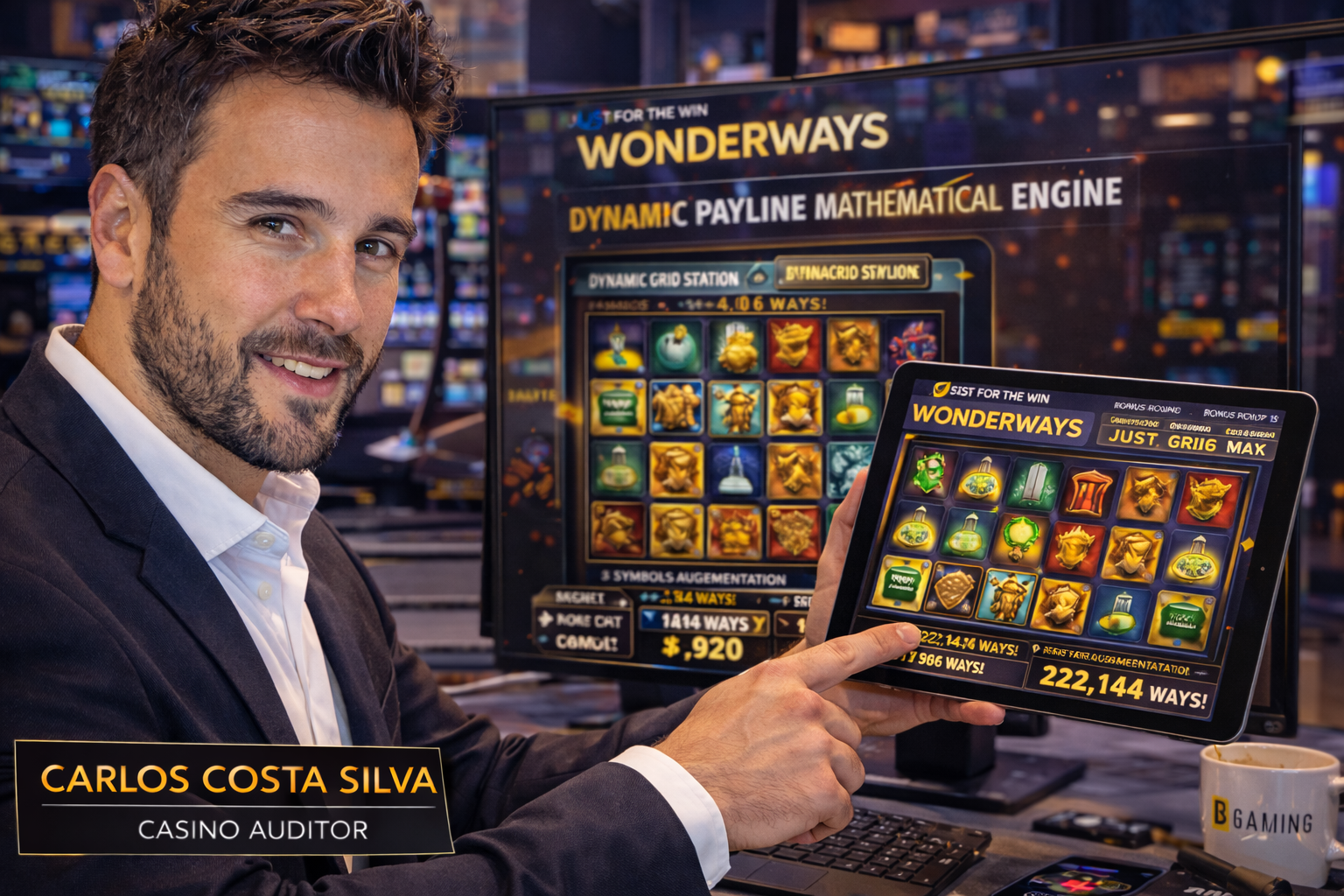 Casino auditor Carlos Costa Silva testing the Wonderways mathematical engine on a Just For The Win slot, verifying the dynamic payline generation on a mobile tablet.