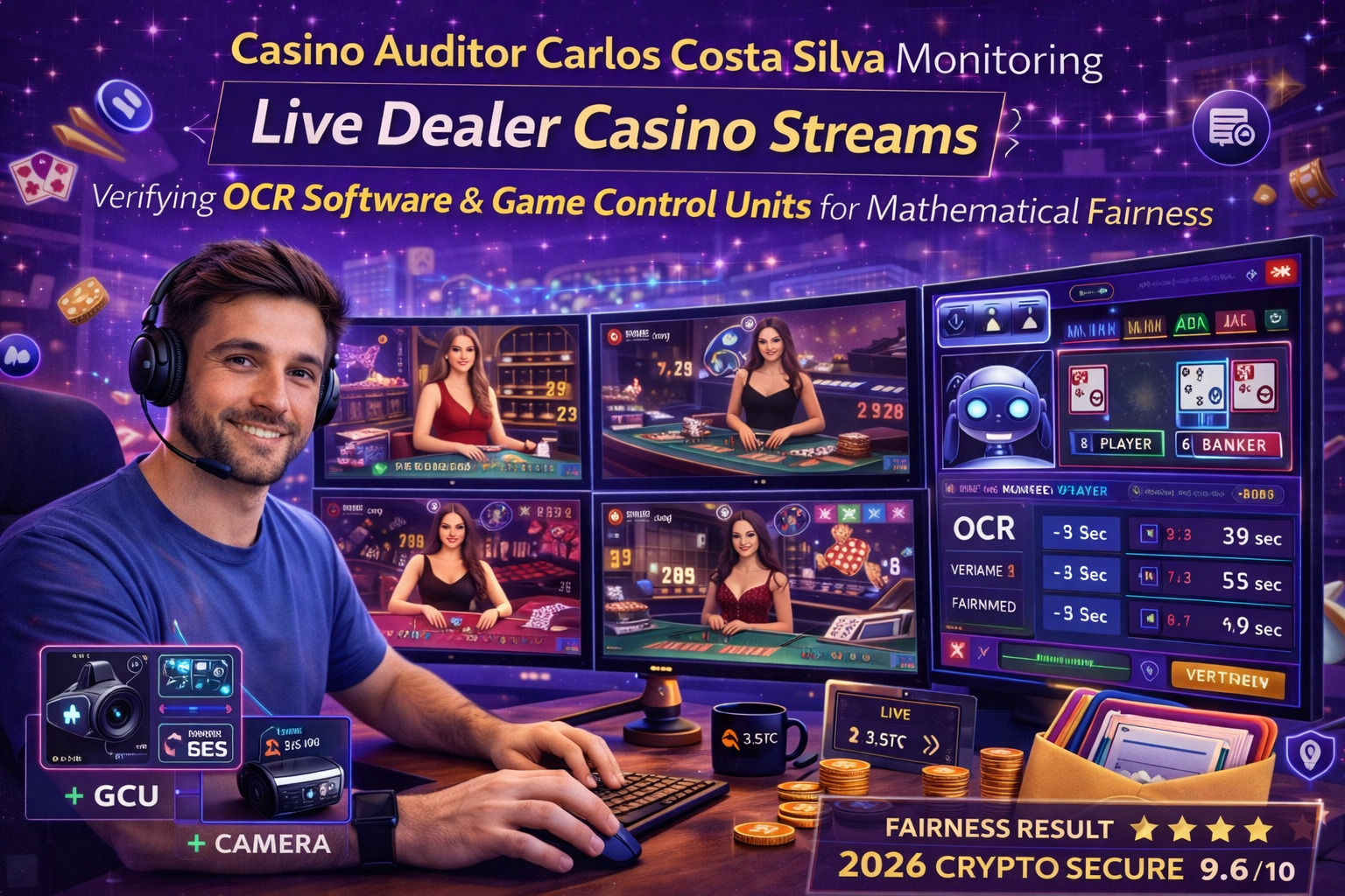 娱乐场审计师 Carlos Costa Silva 正在监控真人荷官娱乐场直播，验证光学字符识别 (OCR) 软件和游戏控制单元的数学公平性。
