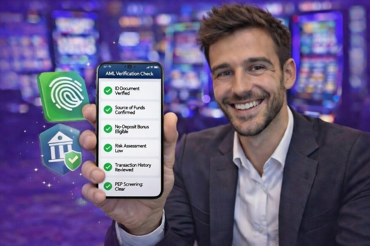 Casino auditor Carlos Costa Silva verifying the Anti-Money Laundering (AML) verification deposit requirements for a no-deposit casino bonus.